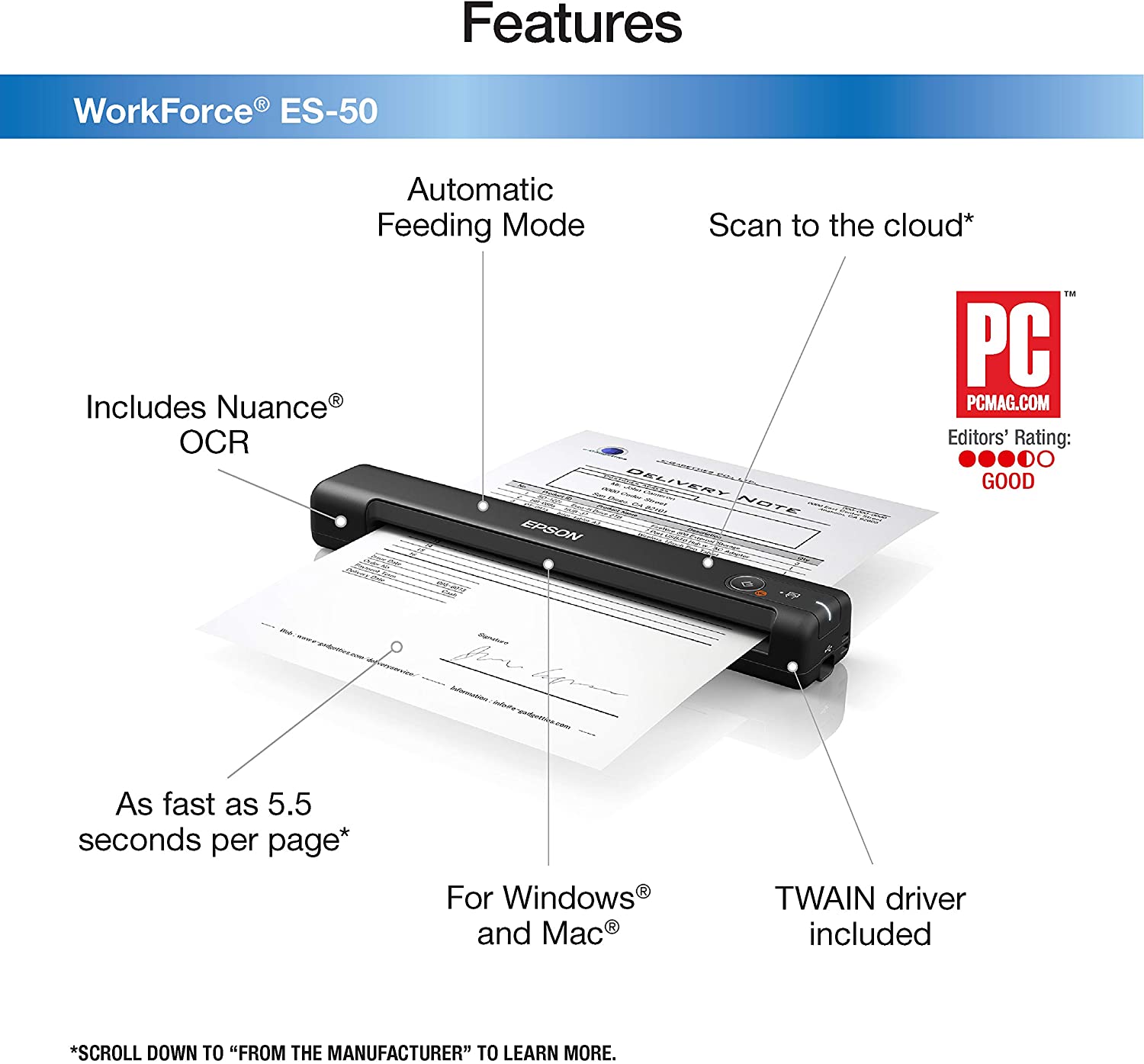 Epson WorkForce ES-50 Portable Sheet-Fed Document Scanner for PC and Mac Epson WorkForce ES-50 Portable Sheet-Fed Document Scanner for PC and Mac